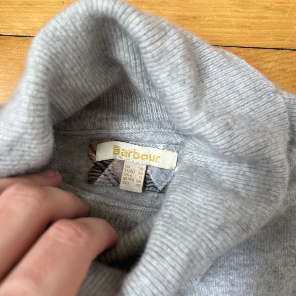 Barbour Pendle Roll Collar Grey Wool Cotton Turtleneck Sweater Elbow Patch